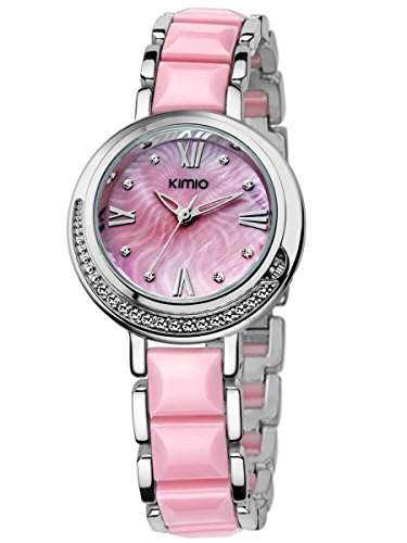 Alienwork Quarz Armbanduhr Strass Quarzuhr Uhr elegant Perlmutt pink silber Metall YHK496M-04