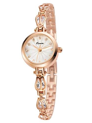 Alienwork Quarz Armbanduhr Strass Quarzuhr Uhr elegant Armreif Kette wickeln beige rose gold Metall YHKW535S-03