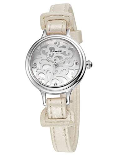 Alienwork Quarz Armbanduhr Strass Quarzuhr Uhr elegant graviert silber beige Nylon YHKW541S-02