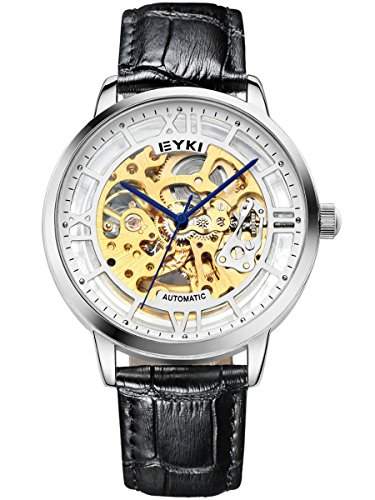 Alienwork mechanische Automatik Armbanduhr Skelett Automatikuhr Uhr weiss schwarz Leder YHW8882-02