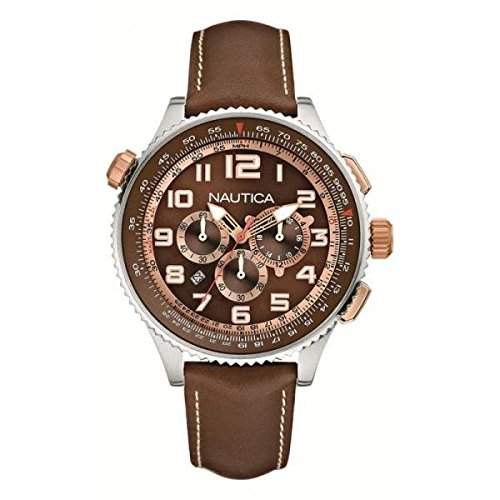 Nautica Herren-Armbanduhr Chronograph Leder braun A25014G