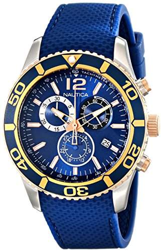 Nautica Herren Silikon Band Gold Ton Stahl Armband Quarz blau Zifferblatt Chronograph nad16502g