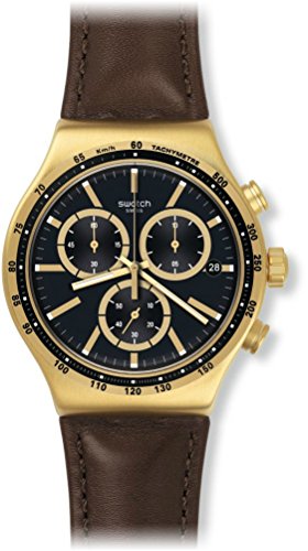 Swatch Mens VDOME 39mm Brown Leather Band Gold Tone Steel Case Swiss Quartz Black Dial Watch YVG401