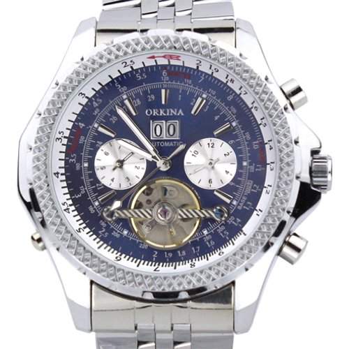 Orkina Herren-Armbanduhr Chronograph Edelstahl mechanisches Uhrwerk mit Tourbillon KC082SSBLU silberfarbenes Geh&auml;use