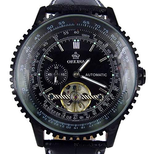 Orkina Armbanduhr, Geh&auml;use aus Edelstahl, mit Datumsanzeige, mechanisches Automatikuhrwerk, Lederarmband, Schwarz