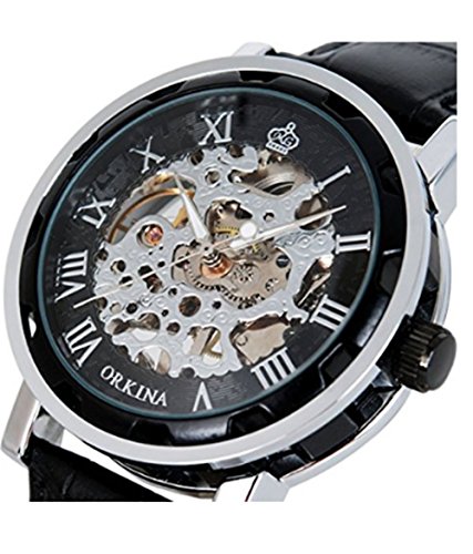 ORKINA Classic Steampunk Bling Skeleton Mechanical Hand wind Wristwatch Silver Black