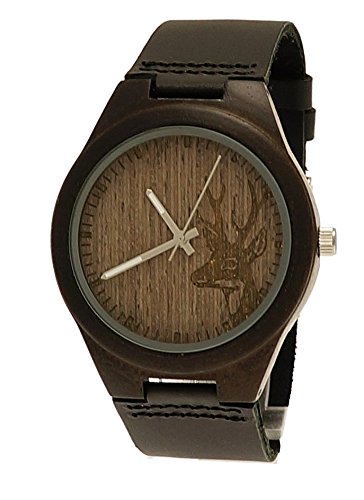 Henny Klein designer Hirsch Uhr Unisex Damen Herren OEko Natur Holz Leder Armbanduhr in Schwarz Braun mit Hirschmotiv limitierte edition inkl Uhrenbox