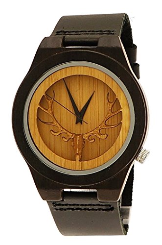 Henny Klein designer Damen Herren OEko Natur Holz Leder Armbanduhr Hirsch Uhr in Schwarz mit Hirschmotiv limitierte edition inkl Uhrenbox
