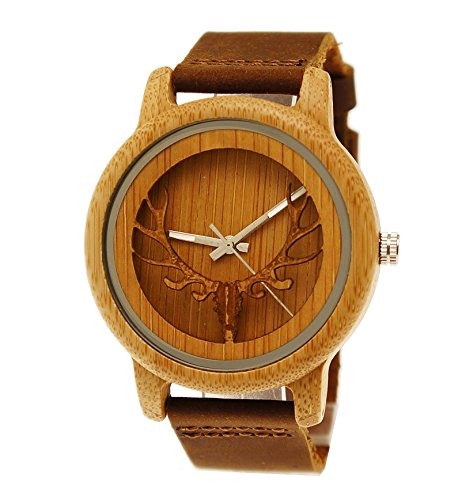 Henny Klein designer Hirsch Unisex Damen Herren Hirsch OEko Natur Holz Leder Armbanduhr in Braun mit Hirschmotiv Uhr limitierte edition inkl Uhrenbox