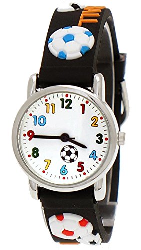 Pure Time Armbanduhr Kinderuhr Kinder Jungen Maedchen Silikon Armband Uhr mit Fussball 3d Motiv Lernuhr in Schwarz Weiss Rot inkl Uhrenbox