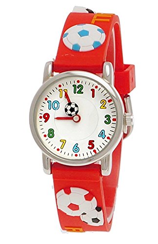 Pure Time Kinderuhr Kinder Jungen Maedchen Silikon Armband Uhr mit 3d Fussball Motiv Lernuhr in Rot Weiss Schwarz Blau inkl Uhrenbox