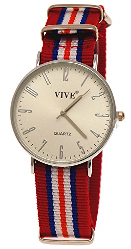 Pure Time Unisex Damen Herren Textil Uhr Rot Weiss Silber Uhr super flach inkl Uhrenbox