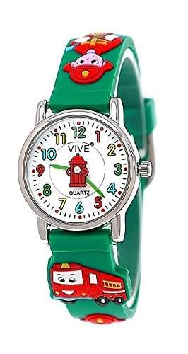 Pure Time Kinderuhr,Kinder Silikon Armband Uhr,Feuerwehr Auto,Feuerwehrmann,Gruen,B234