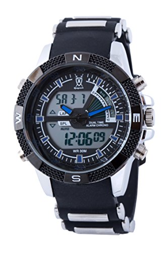 Koenigswerk AQ202899G LCD Dual Time Chronograph schwarzes Armband blauer Sekundenzeiger Armee Stil Sport