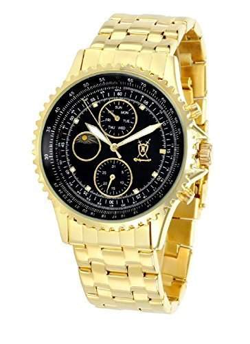 Konigswerk Herren Armbanduhr Gold Schwarzes Ziffernblatt mit Kristall-Marker Multifunktion Tag Datum Sonne Mond SQ201477G