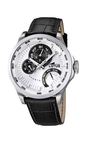 Lotus 158461 Herren-Uhr, Quarz, Analog, leuchtende Zeiger, Armband aus Leder, Schwarz
