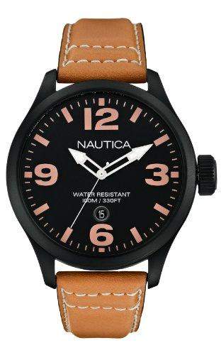 Nautica Herren-Armbanduhr XL Analog Quarz Leder A14633G