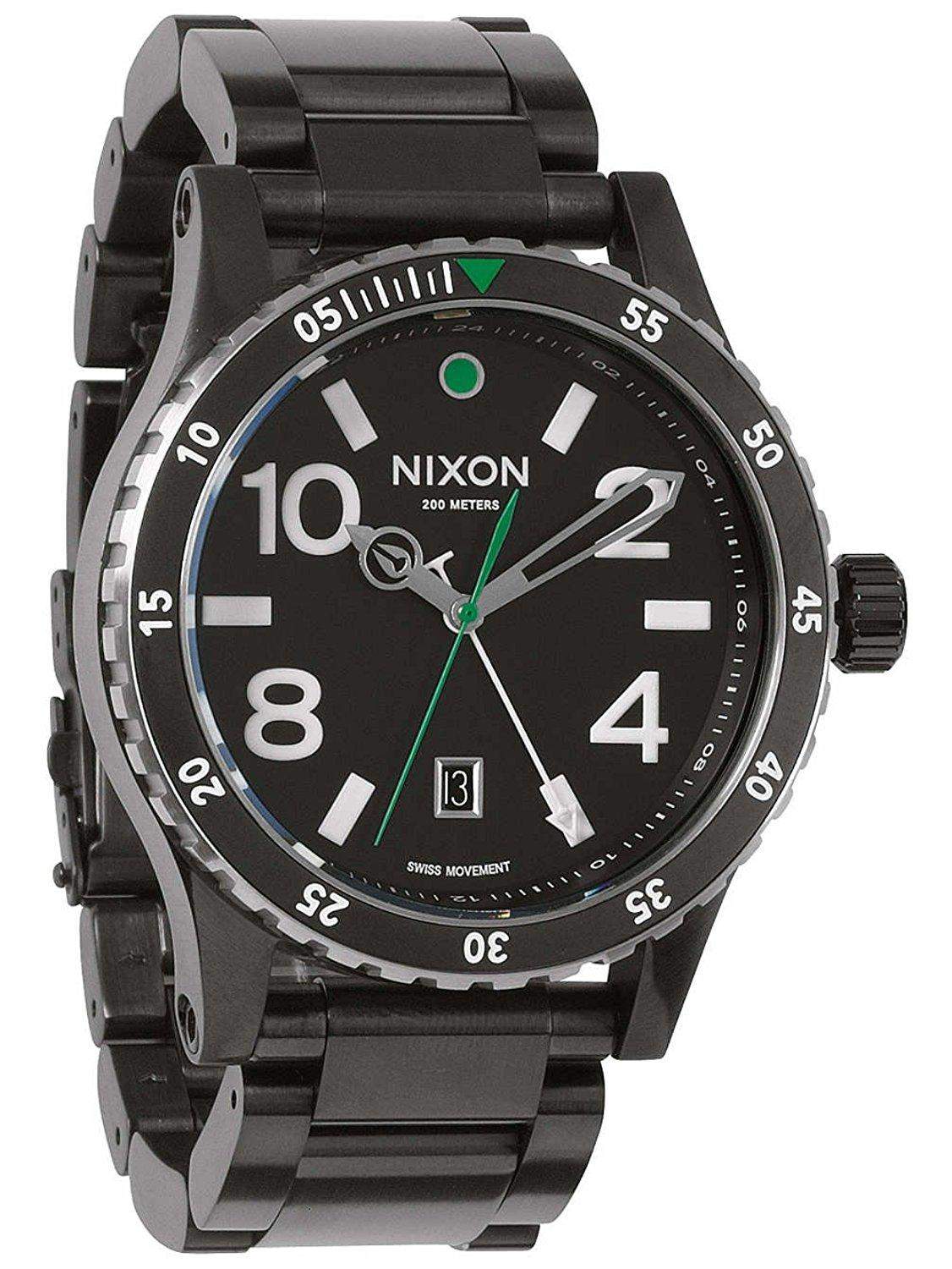 Nixon Herren-Armbanduhr XL Diplomat SS Black  Silver  Green Analog Quarz Edelstahl beschichtet A2771421-00