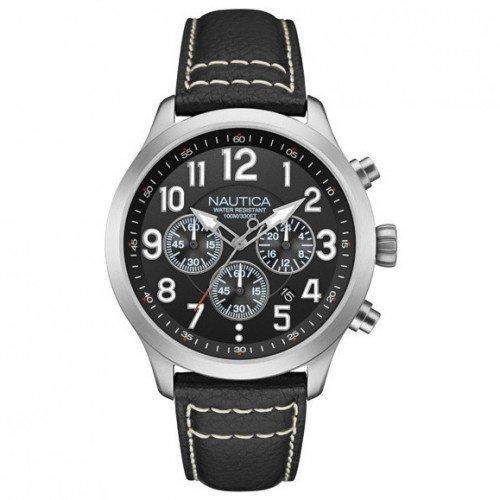 Nautica Herren Chronograph Schwarz Leder Armband Edelstahl Gehaeuse Uhr NAI14516G