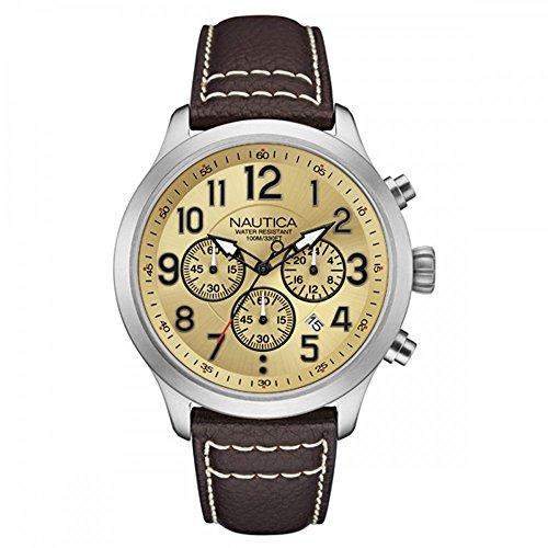Nautica Herren 45mm Chronograph Braun Leder Armband Mineral Glas Uhr NAI14518G