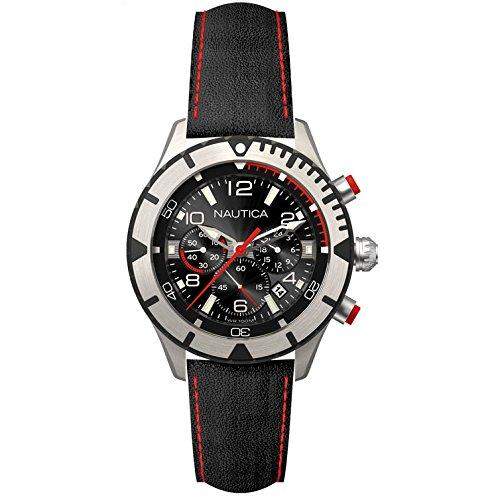Nautica Herren 46mm Chronograph Schwarz Leder Armband Mineral Glas Uhr NAI20502G