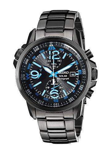 Seiko Mens SSC079 Solar Chronograph Black Bracelet Blue Numbers Watch