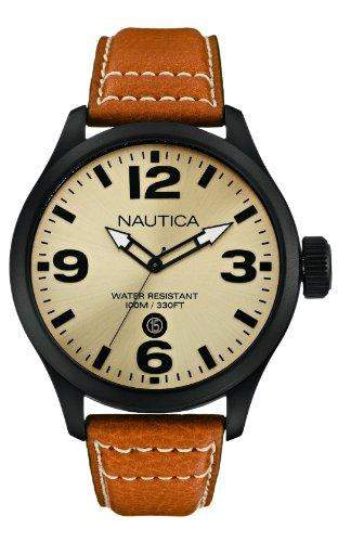 Nautica Herren-Armbanduhr XL Analog Quarz Leder A14634G