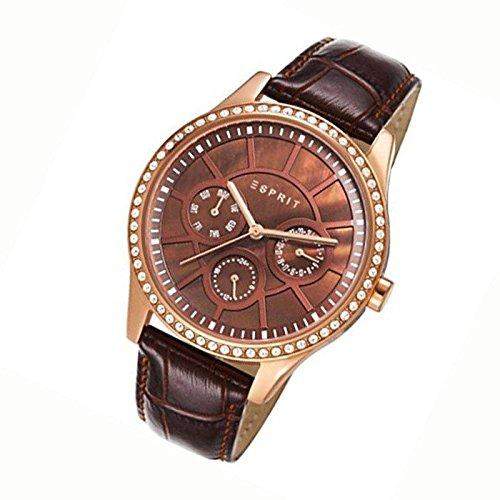 Esprit Uhr Paradiso dark brown Tag Datum Strass Leder Damenarmbanduhr ES106562003