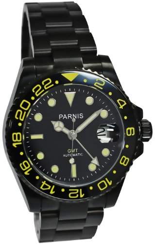 PARNIS GMT-Automatikuhr Modell 2004 Herrenuhr PVD-beschichtet Edelstahlarmband Drehluenette mechanische Armbanduhr