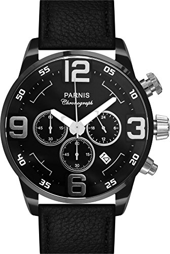 PARNIS Modell 2100 Chronograph Edelstahl PVD schwarz 44mm Mineralglas 5BAR Lederarmband Markenuhrwerk Stoppuhr Datumsanzeige