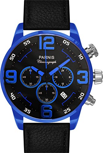 PARNIS Modell 2102 Chronograph Edelstahl Metallic blau 44mm Mineralglas 5BAR Lederarmband Markenuhrwerk Stoppuhr Datumsanzeige