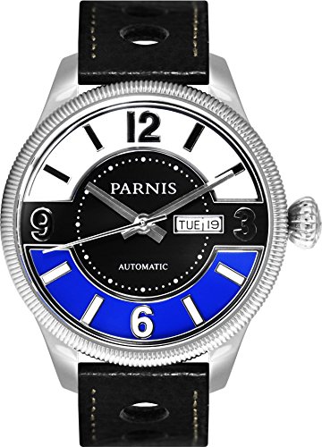 PARNIS Modell 3248 Automatikuhr mechanisches Uhrwerk Miyota Kaliber 821A Wochentag und Datumsanzeige 5BAR wasserdicht DIN 8310 Saphirglas Kalbslederarmband