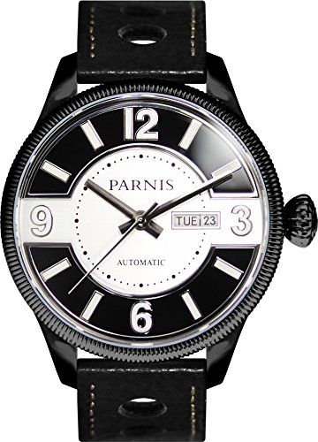 PARNIS Modell 3250 Automatikuhr mechanisches Uhrwerk Miyota Kaliber 821A Wochentag und Datumsanzeige 5BAR wasserdicht DIN 8310 Saphirglas Kalbslederarmband