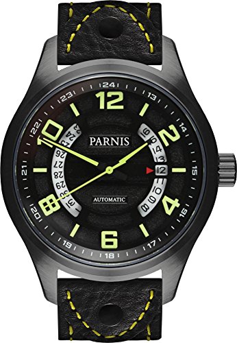 PARNIS Herren Fliegeruhr 3244 PVD schwarze Automatikuhr Saphirglas Datumsanzeige 10BAR massiv Edelstahl 43mm Miyota Uhrwerk