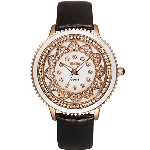 Time100 Leder Band dekoratives Zifferblatt mit Strass Armbanduhr Quarz Analog Uhr Schwarz W50278L 03A
