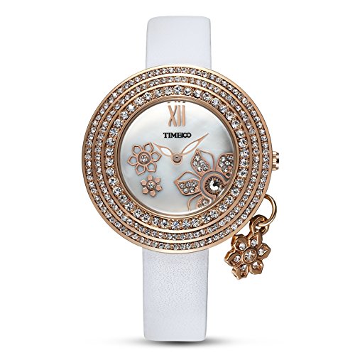 Time100 Leder Band dekoratives Zifferblatt mit Strass Armbanduhr Quarz Analog Uhr Weiss W80124L 01A