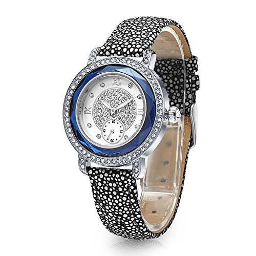 Time100 NEU Lederarmband Quarzuhr Wasserdicht Armbanduhr mit Strass Schwarz W80109L 01A
