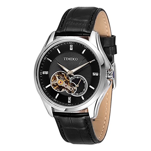 Time100 Armbanduhr Skelett Uhr mechanische Automatikuhr Edelstahl Leder Schwarz W60017G 02A