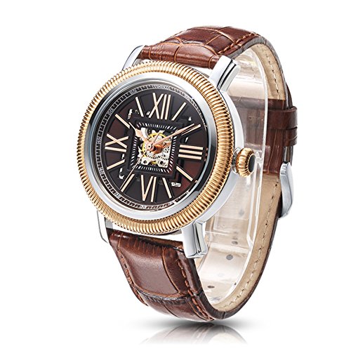 Time100 NEU Automatik Lederarmband Analog skelett mechanische Uhr Armbanduhr mit braun Lederarmband 5 Bar Wasserdicht Gold W60055G 02A