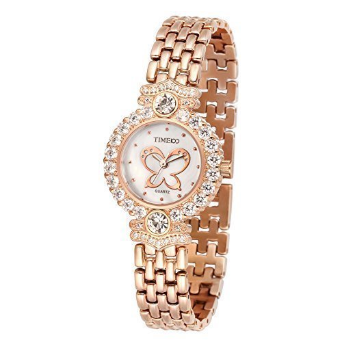 TIME100 Damen Armkettearmbanduhr Diamant Runde Schmetterling Muster Analog Quarz Gold W50368L 02A