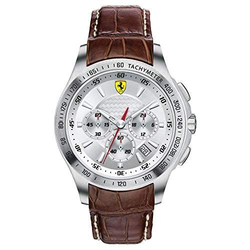 Ferrari 0830044 Chronograph Uhr Herrenuhr Lederarmband Edelstahl 50m Analog Chrono Datum braun