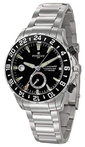 Perrelet Diver Seacraft GMT Dual Time Zone Automatic Steel Mens Watch Black Dial Calendar A1055-B
