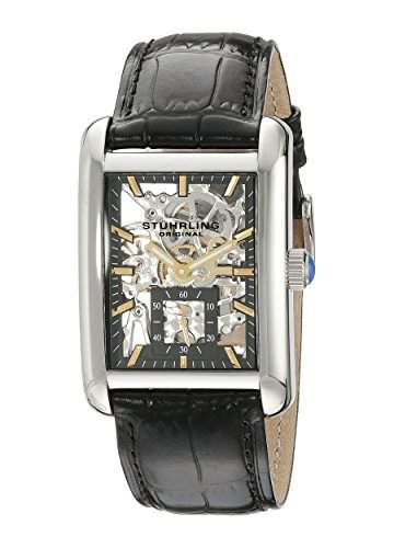 STUHRLING ORIGINAL Gatsby Plaza Herren Mechanische Uhr mit schwarzem Zifferblatt Analog-Anzeige und schwarz Lederband 144 C333151