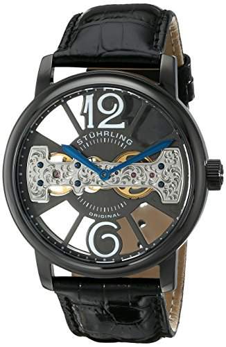STUHRLING ORIGINAL Winchester County Herren Mechanische Armbanduhr mit grauem Zifferblatt Analog-Anzeige und schwarz Lederband 78502
