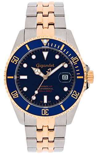Gigandet Automatik Herren-Armbanduhr Sea Ground Taucheruhr Uhr Datum Analog Edelstahlarmband Blau Rotgold G2-021