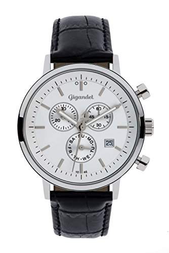 Gigandet CLASSICO Herren Chronograph - Armbanduhr mit Datumsanzeige und schwarzem Lederarmband - 50m5bar wasserdicht - Silbernes Zifferblatt - G6-001