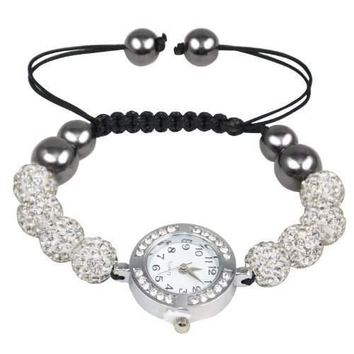 TRIXES Damen Armbanduhr mit 8 tschechischen SHAMBALLA Kristallperlen mit Armband in Silber und Weiss