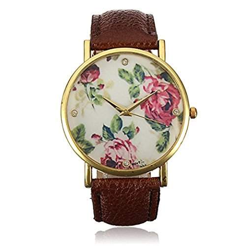OrrOrr Vintage Blume Armbanduhr Basel-Stil Quarzuhr Lederarmband Uhr Rose Damenuhr braun