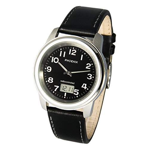 Elegante PHOENIX Herren Funkuhr Junghans-Uhrwerk Lederarmband mit Edelstahlverschluss, Gehaeuse aus Edelstahl 9836081