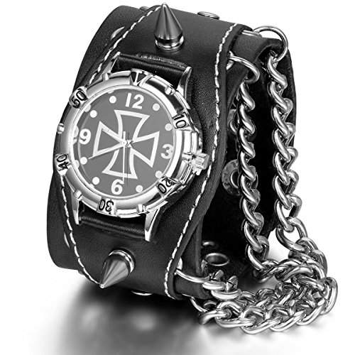 JewelryWe Herren Armbanduhr, Leder Legierung, Lederarmband Armreif Analog Quarz Uhr mit Kreuz Zifferblatt, Schwarz